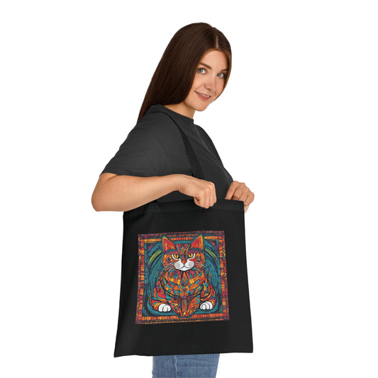 SniffWaggleNWalk stained glass cat tote bag — white colourway showing full design detail, jewel tones on cotton