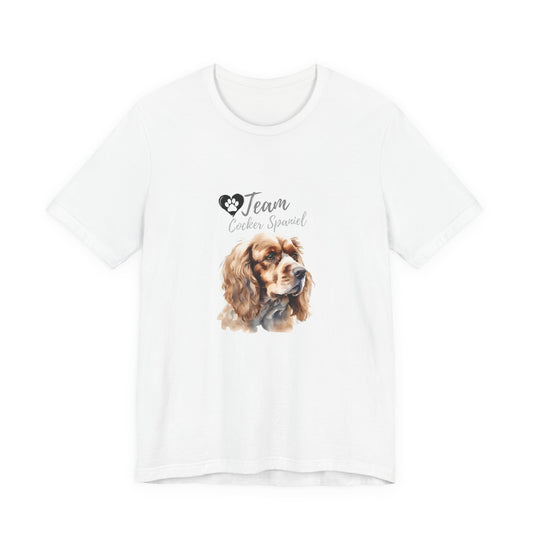 Team Cocker Spaniel watercolour t-shirt in White, flat lay front view