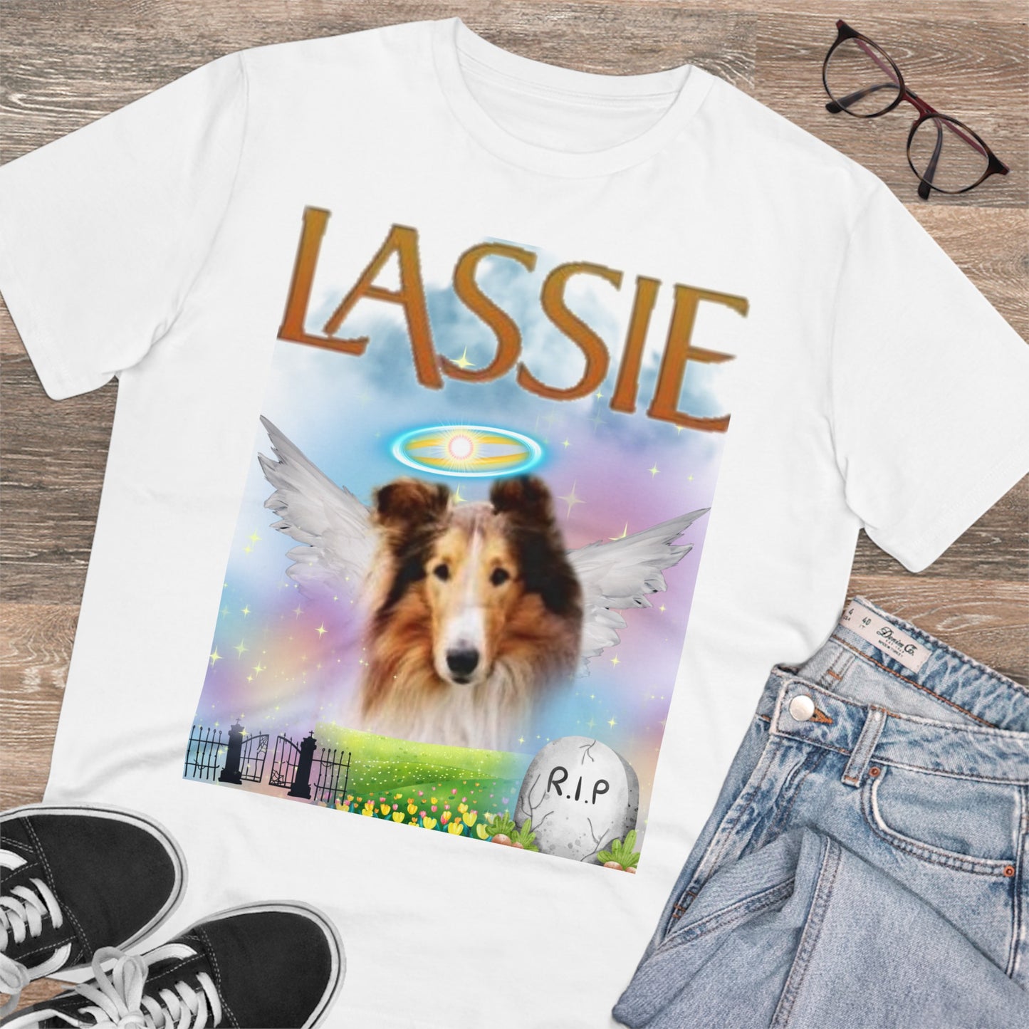 "RIP LASSIE" Organic Creator T-shirt - Unisex by Sniffwaggleandwalk™ - Sniff Waggle And Walk