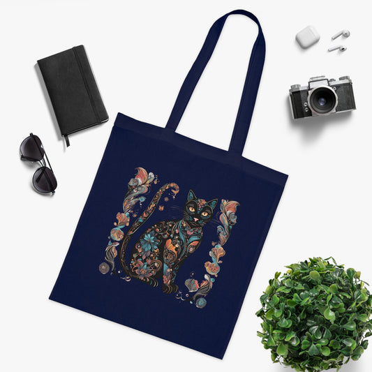 Lightweight cat cotton tote in royal blue — lifestyle use shot