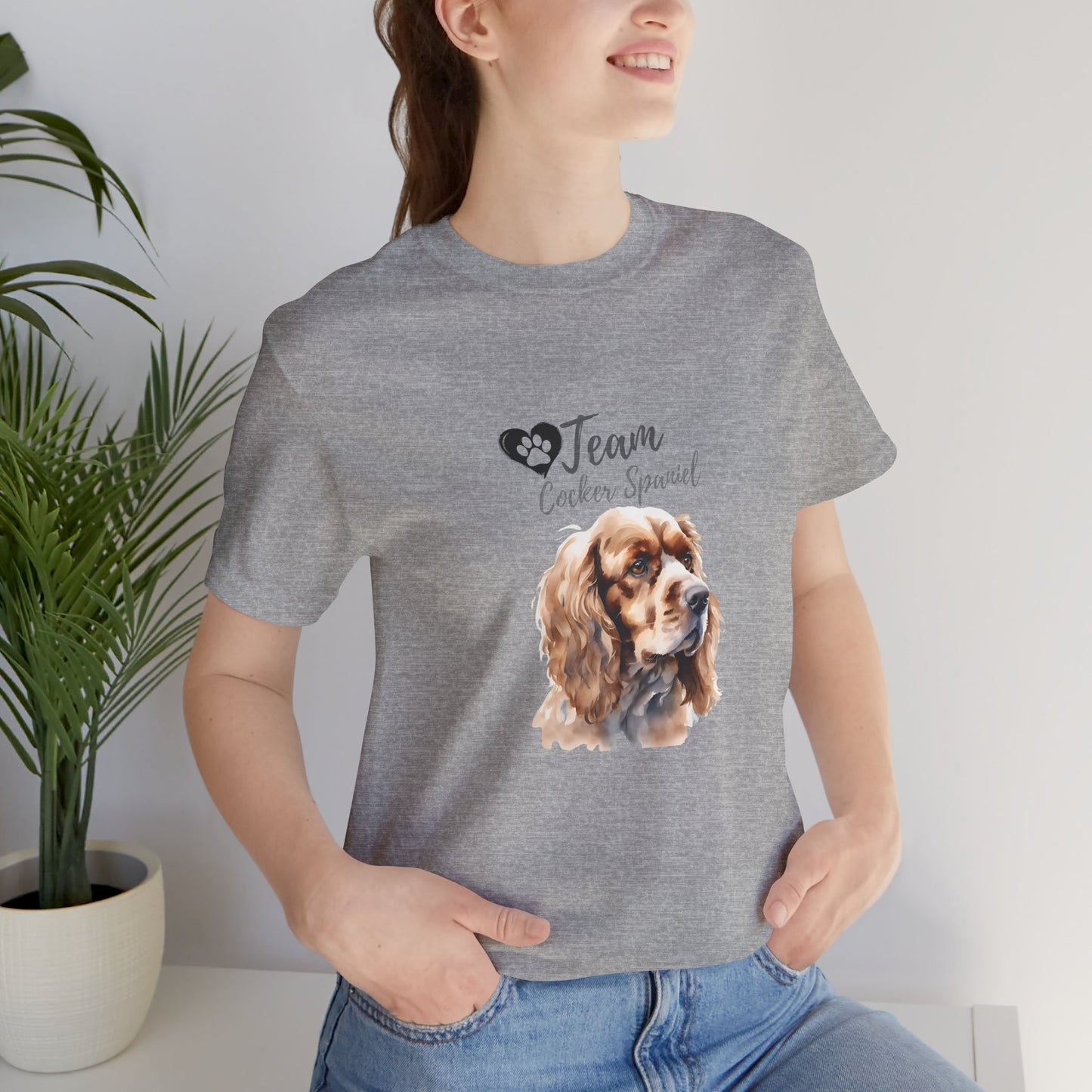 Team Cocker Spaniel watercolour t-shirt in Athletic Heather worn by a model, front view