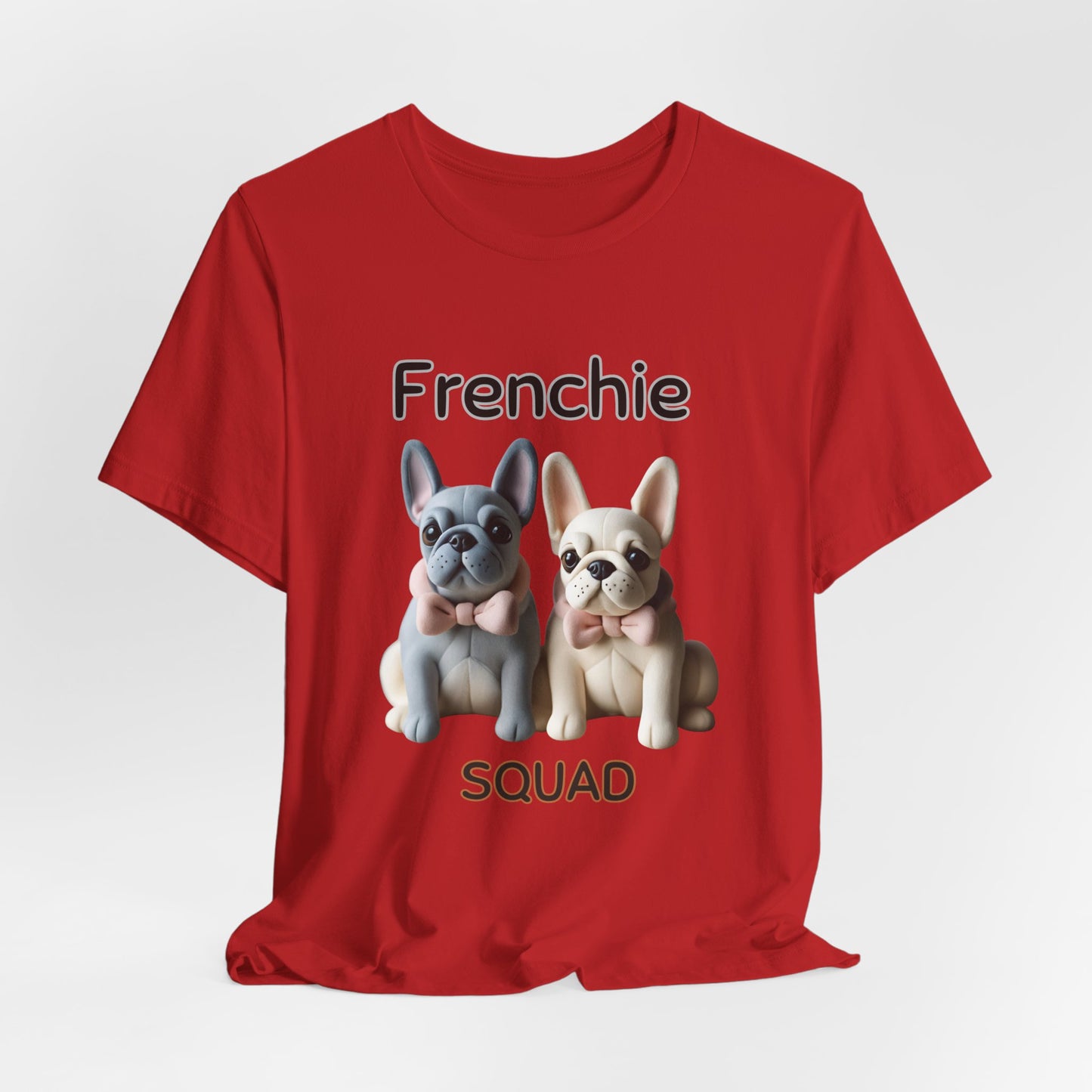 Red Frenchie Squad graphic tee laid flat showing cute French Bulldog duo print