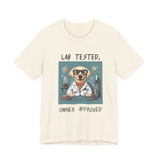 Lab Tested Owner Approved Labrador t-shirt in Natural, flat lay front view