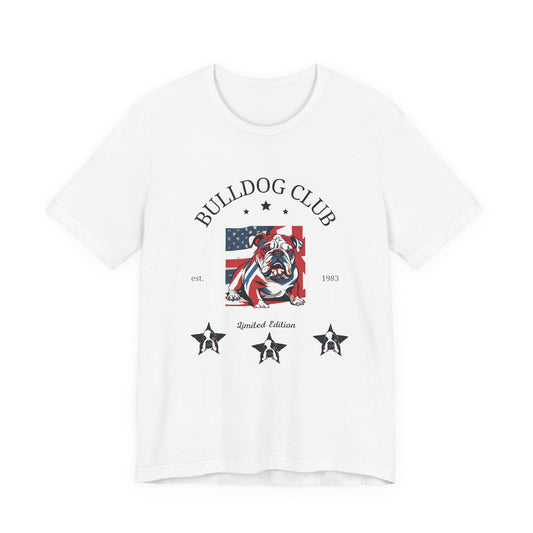 Bulldog Club t-shirt in White — vintage American flag bulldog graphic tee, front view