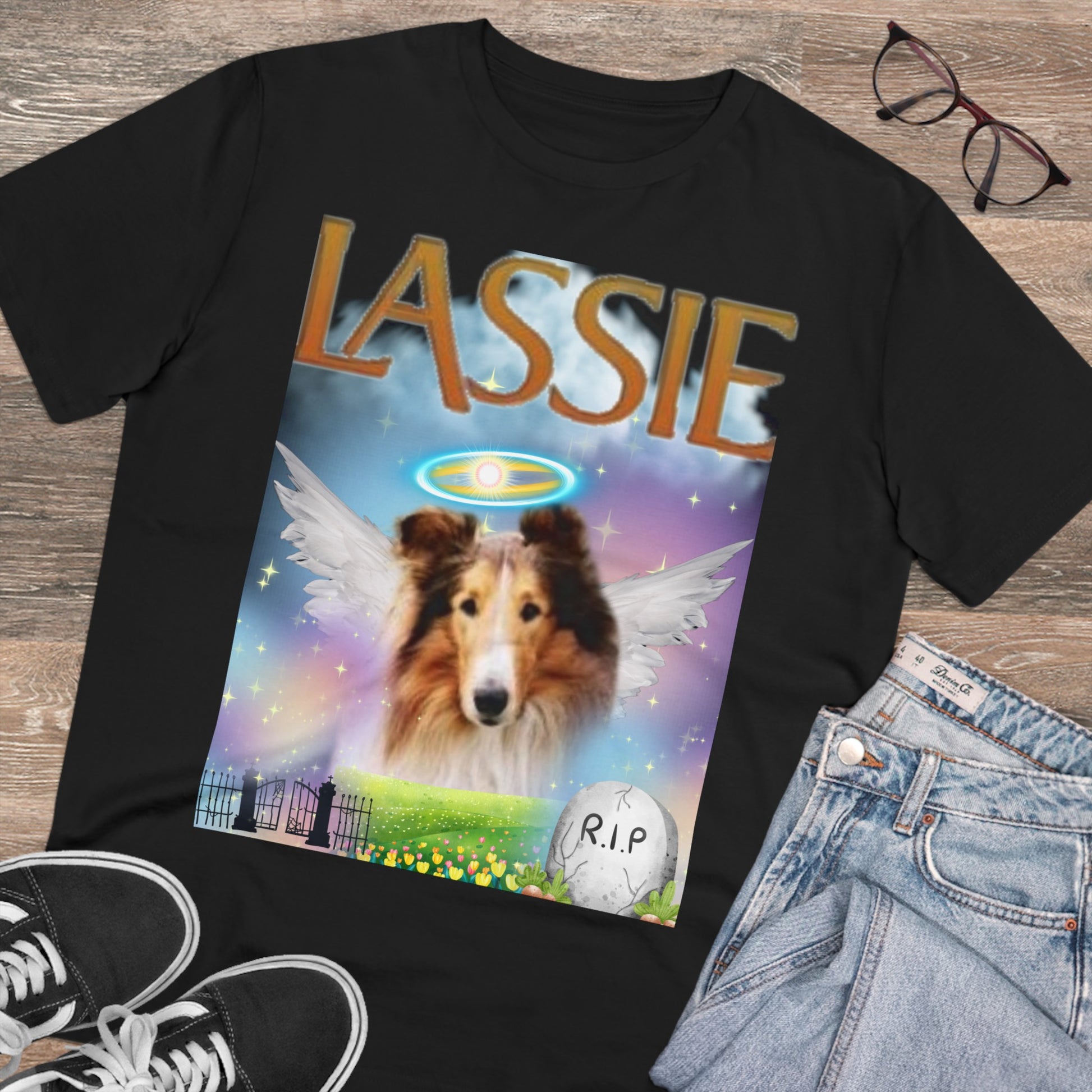"RIP LASSIE" Organic Creator T-shirt - Unisex by Sniffwaggleandwalk™ - Sniff Waggle And Walk