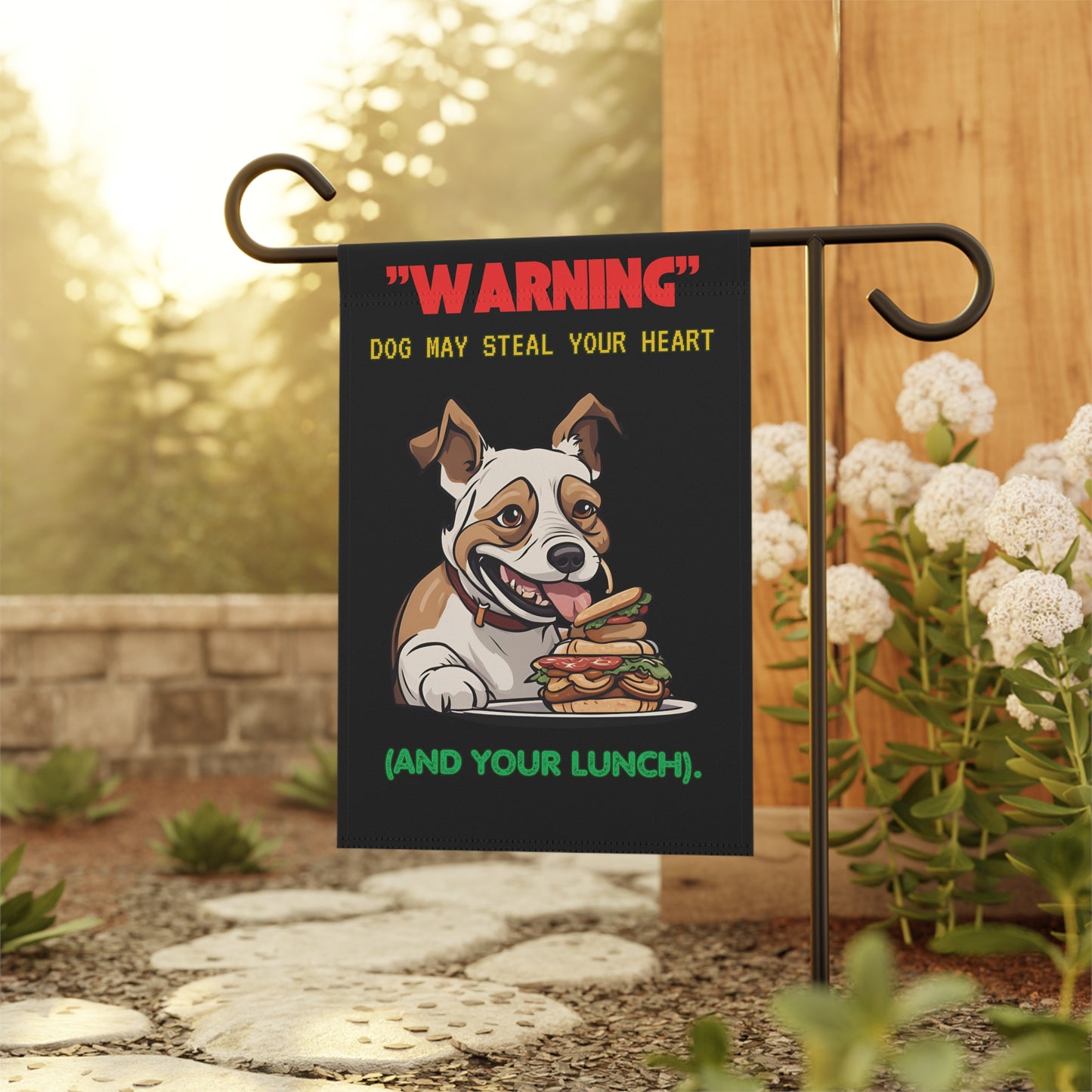 "Warning: Dog May Steal Your Heart and Your Lunch" Funny Dog Lover Yard Banner – Durable, Double-Sided, Weather-Resistant Sign