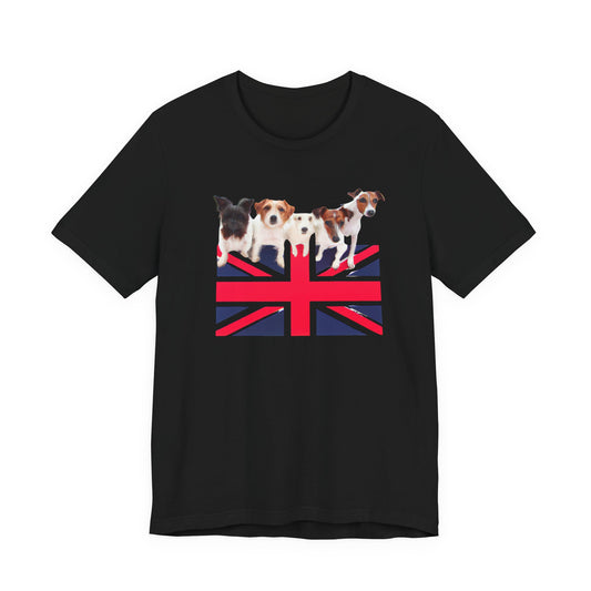 Union Jack Dog Pack T-Shirt in Black — Union Jack flag with Jack Russell terriers on top