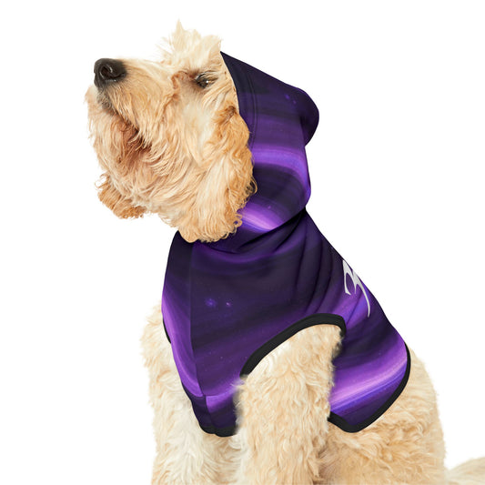 Dog wearing purple galaxy 333 angel number streetwear hoodie