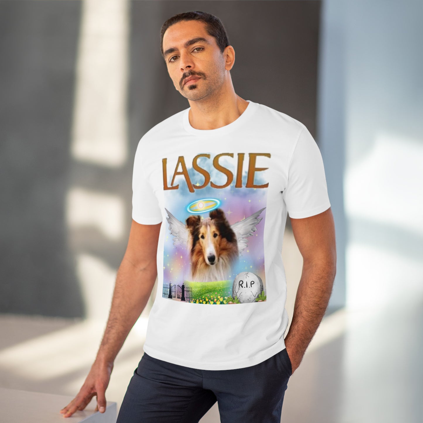 "RIP LASSIE" Organic Creator T-shirt - Unisex by Sniffwaggleandwalk™ - Sniff Waggle And Walk