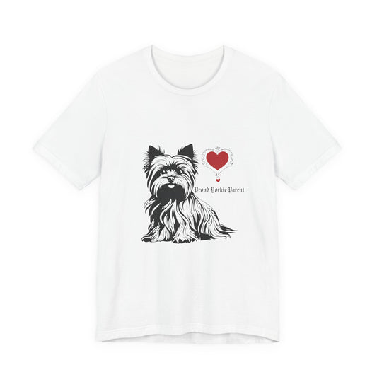 Proud Yorkie Parent t-shirt in White — Yorkshire Terrier heart graphic tee, front view