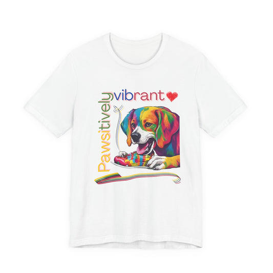 Pawsitively Vibrant T-Shirt in White — pop-art rainbow beagle design