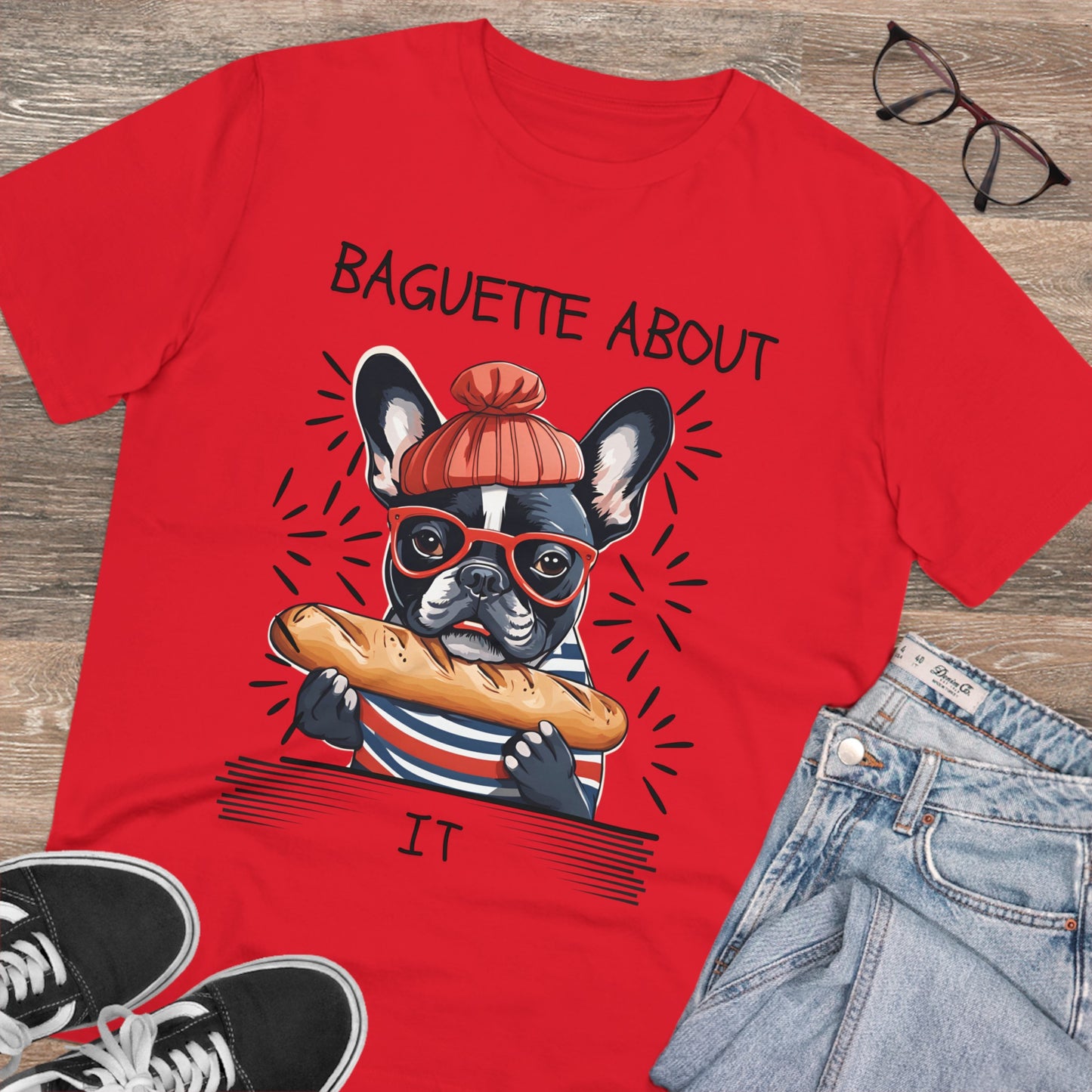 "BAGUETTE ABOUT IT" featuring a french bulldog - Organic Creator T-shirt - Unisex by SniffWaggleAndWalk™ - Sniff Waggle And Walk