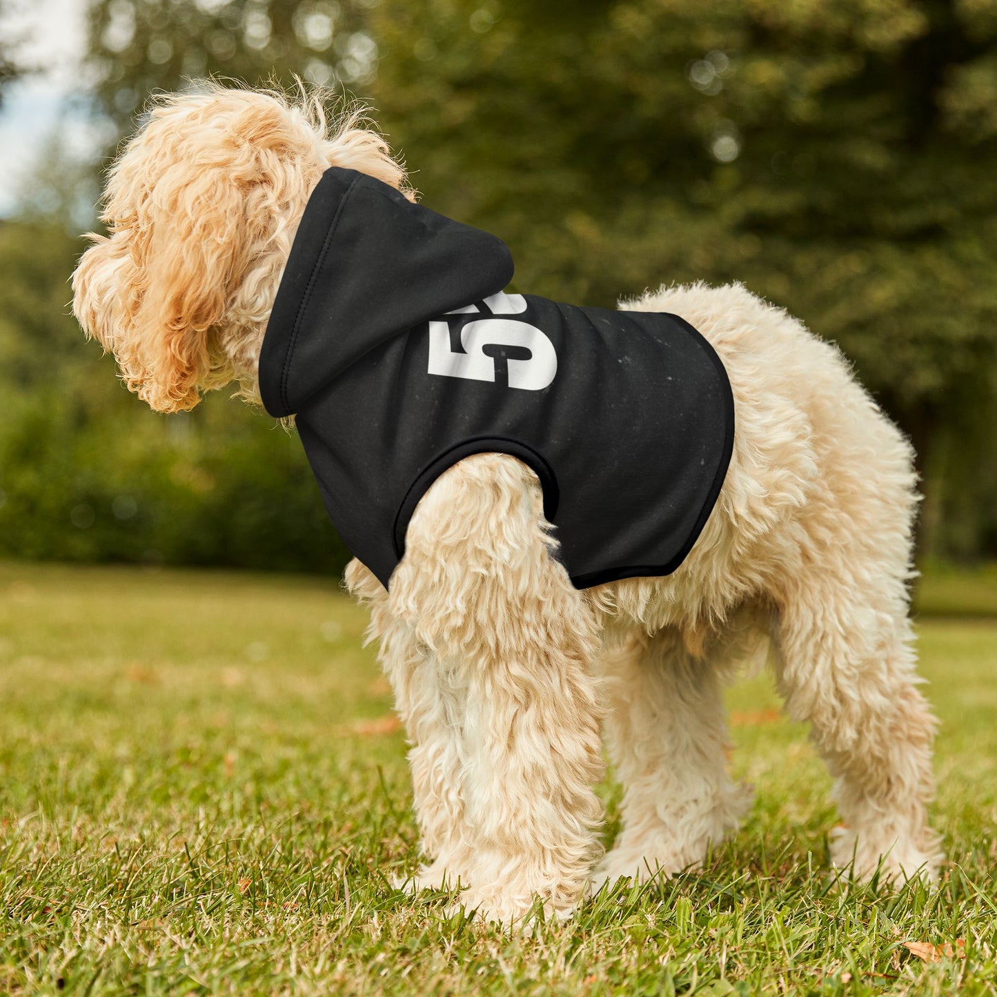 Close-up detail of 555 angel number pet hoodie fabric