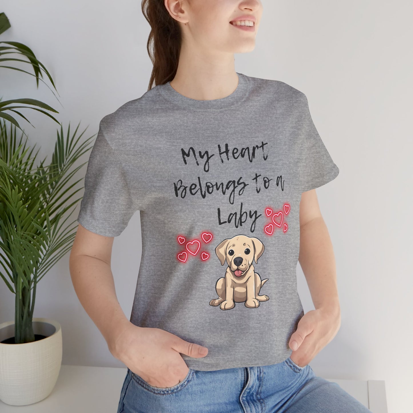 My Heart Belongs to a Laby Labrador t-shirt in Athletic Heather worn by a model, front view