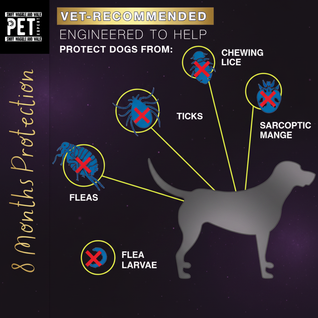FleeceShield flea collar infographic showing 8 months protection against fleas, ticks, chewing lice, flea larvae and sarcoptic mange