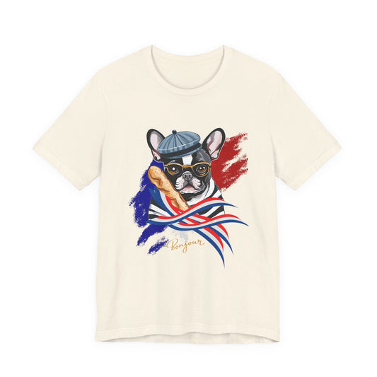 French Bulldog with Baguette T-Shirt in Navy — bold Frenchie baguette graphic tee — SniffWaggleNWalk™
