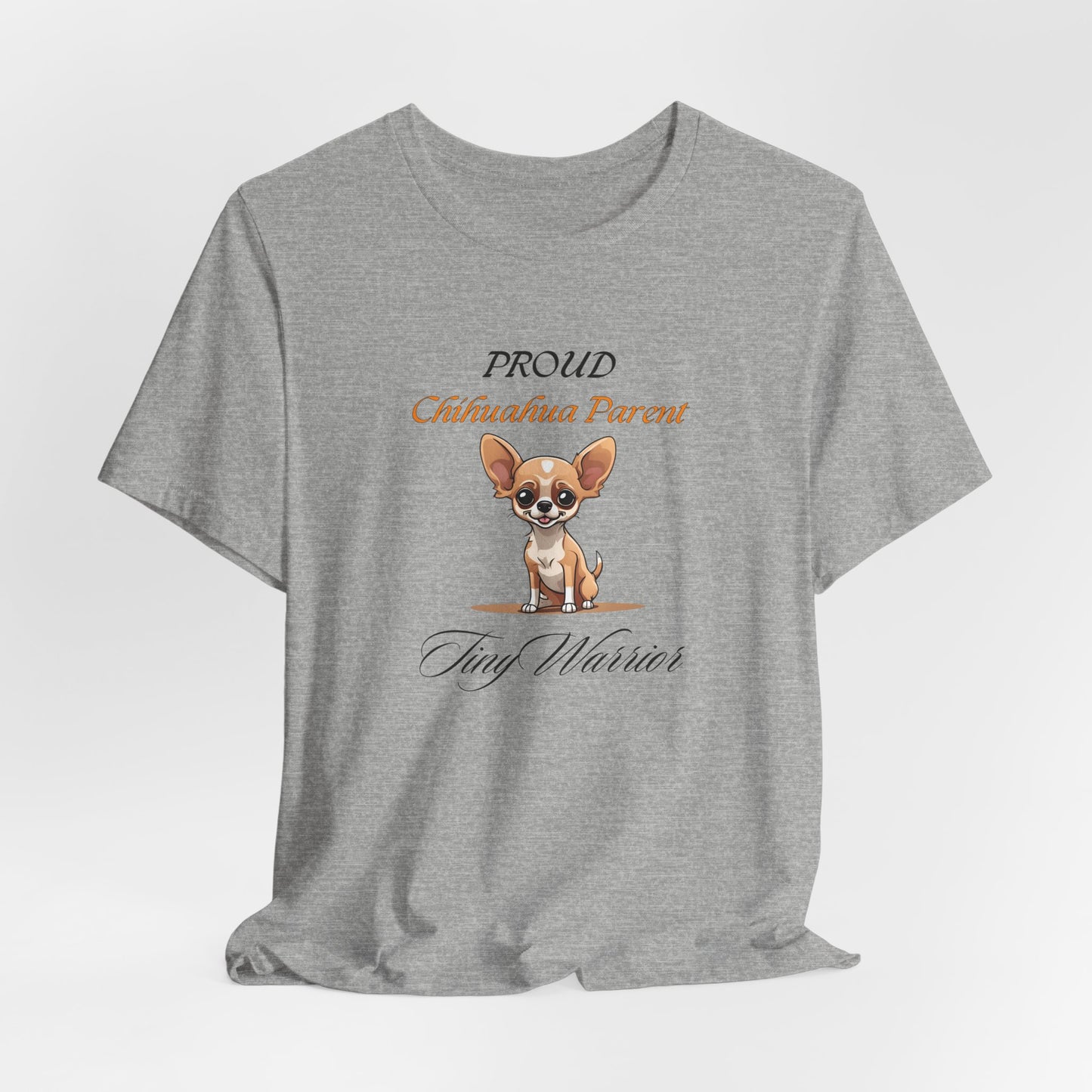 Proud Chihuahua Parent organic cotton t-shirt detail of the Tiny Warrior print