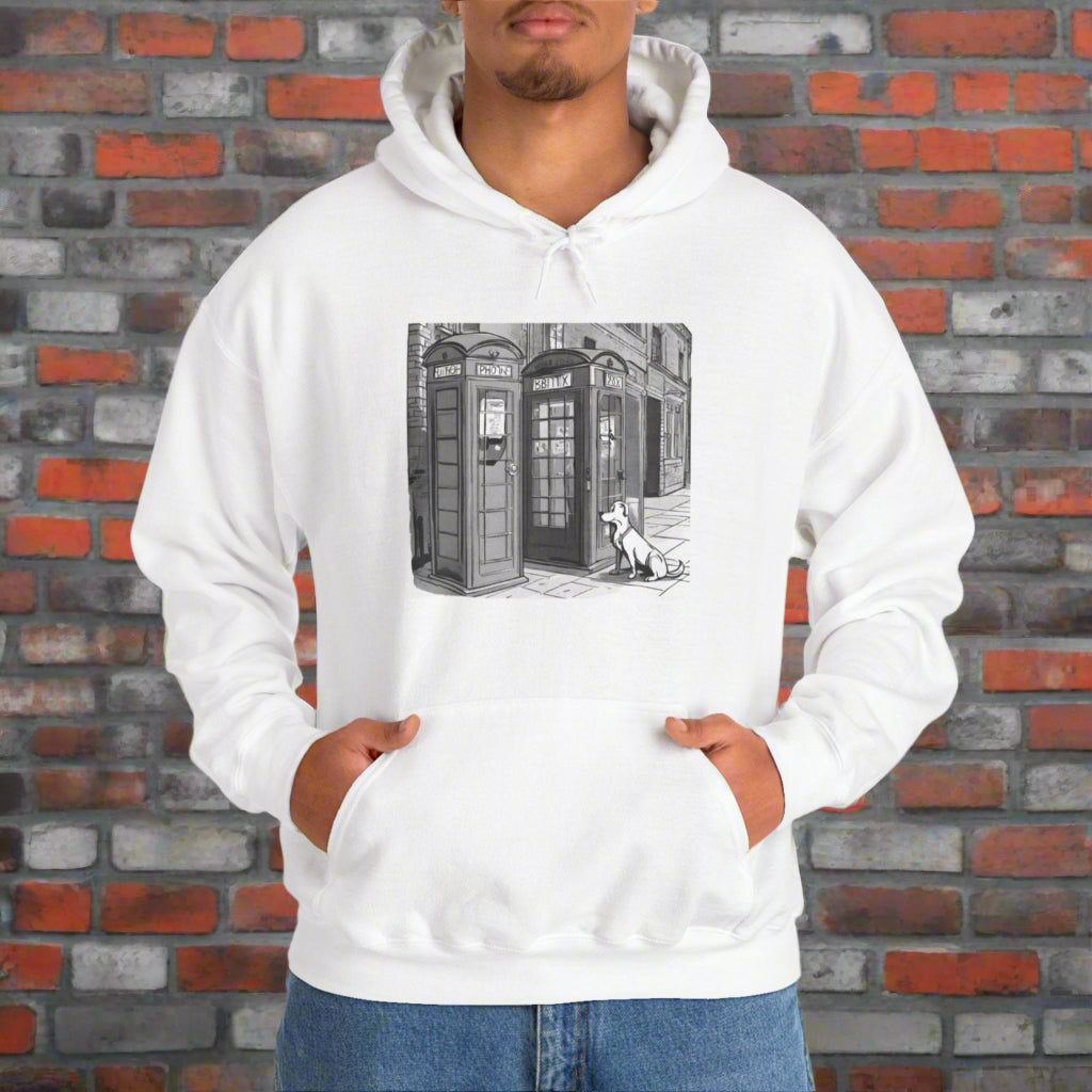 Unisex Heavy Blend™ Dog next to a phone box Hooded Sweatshirt - Sniff Waggle And Walk