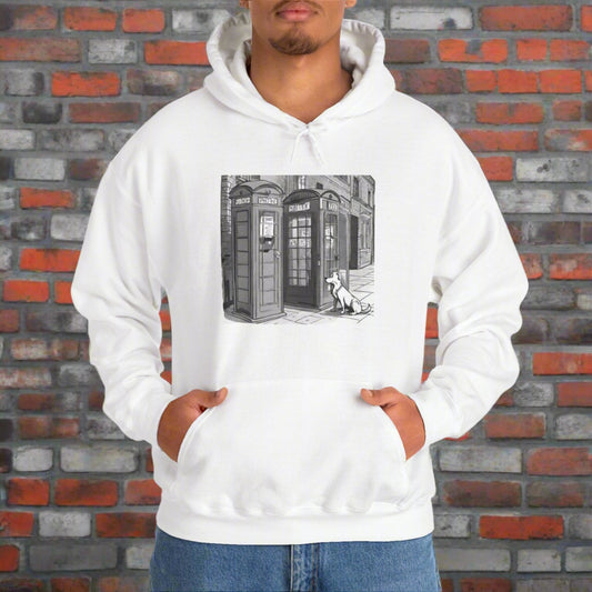 Unisex Heavy Blend™ Dog next to a phone box Hooded Sweatshirt - Sniff Waggle And Walk