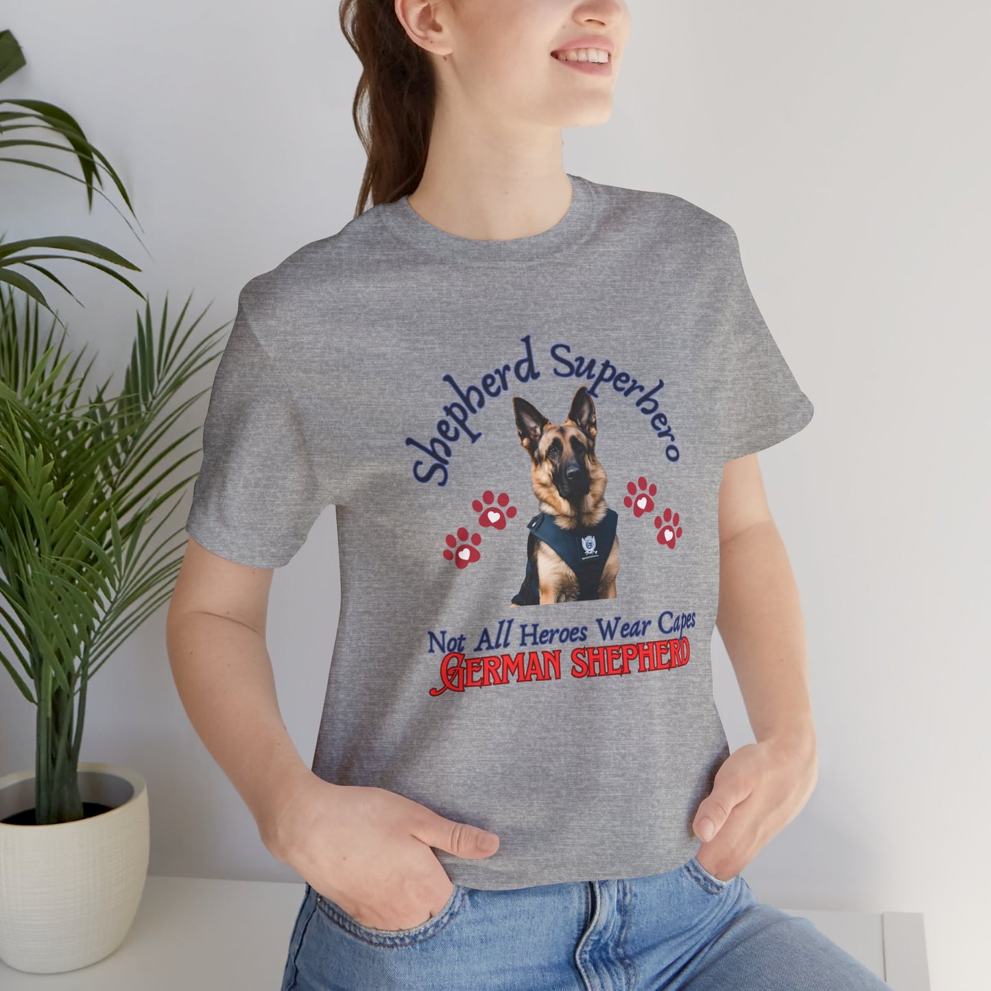Shepherd Superhero German Shepherd t-shirt in Athletic Heather worn by a model, front view