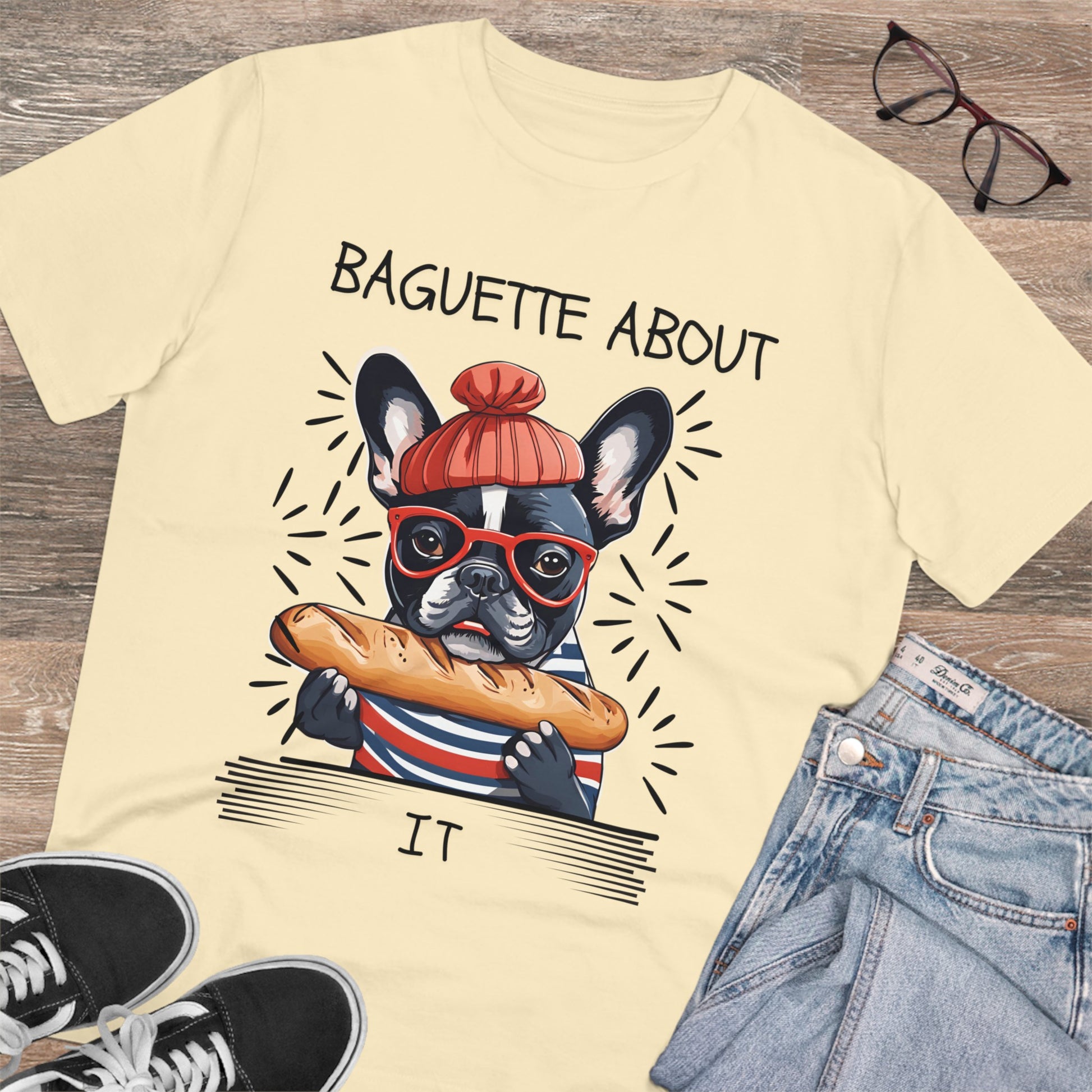 "BAGUETTE ABOUT IT" featuring a french bulldog - Organic Creator T-shirt - Unisex by SniffWaggleAndWalk™ - Sniff Waggle And Walk