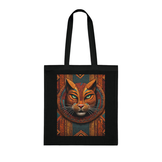Close-up of Egyptian cat artwork on cotton tote — bold outlines and flat graphic planes of colour