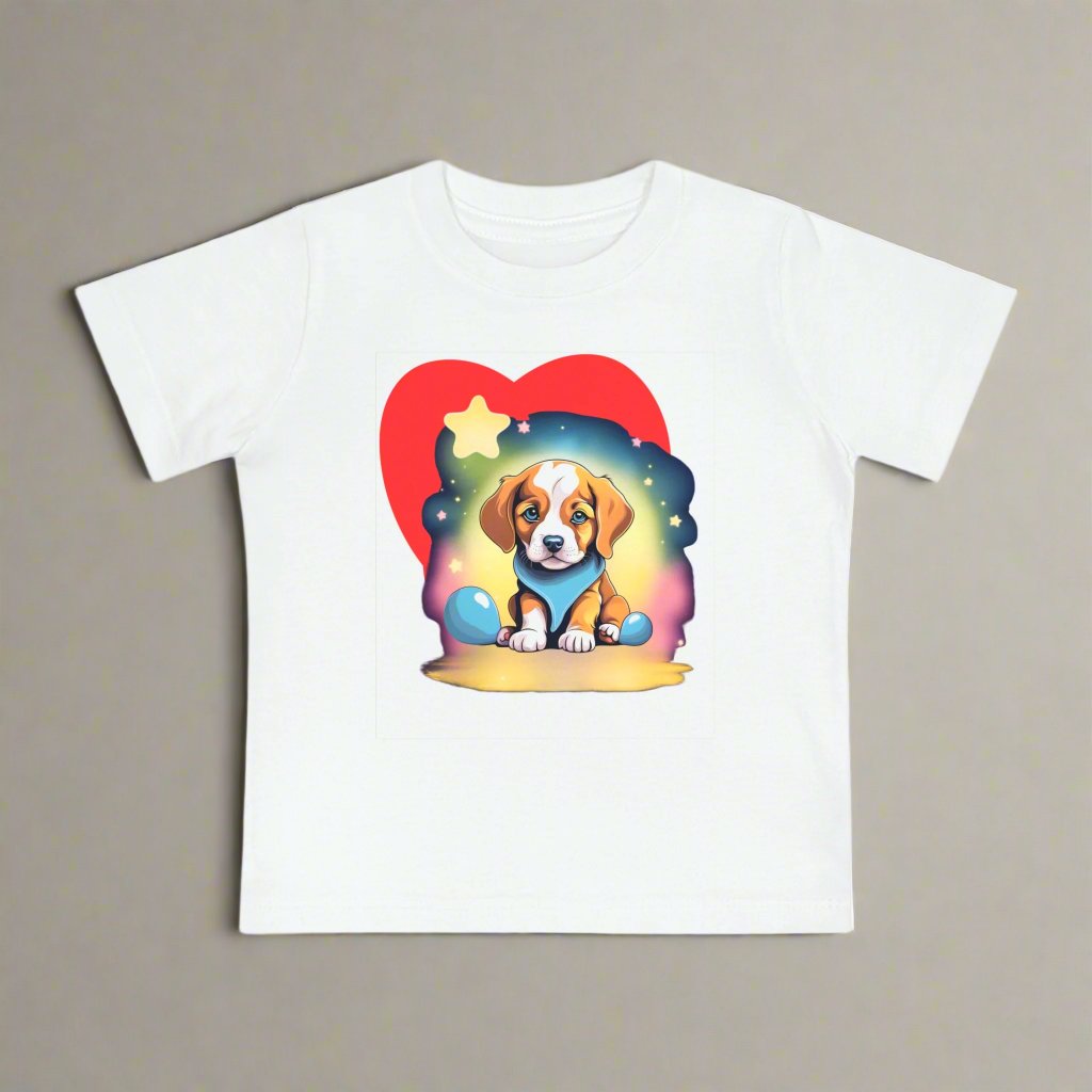 ☀️ Cute Baby T-Shirt with Heart & Sun Behind Cartoon Pup 🐾 Soft & Stylish!-Sniffwaggleandwalk™