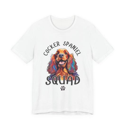 Cocker Spaniel Squad pop-art t-shirt in White, flat lay front view