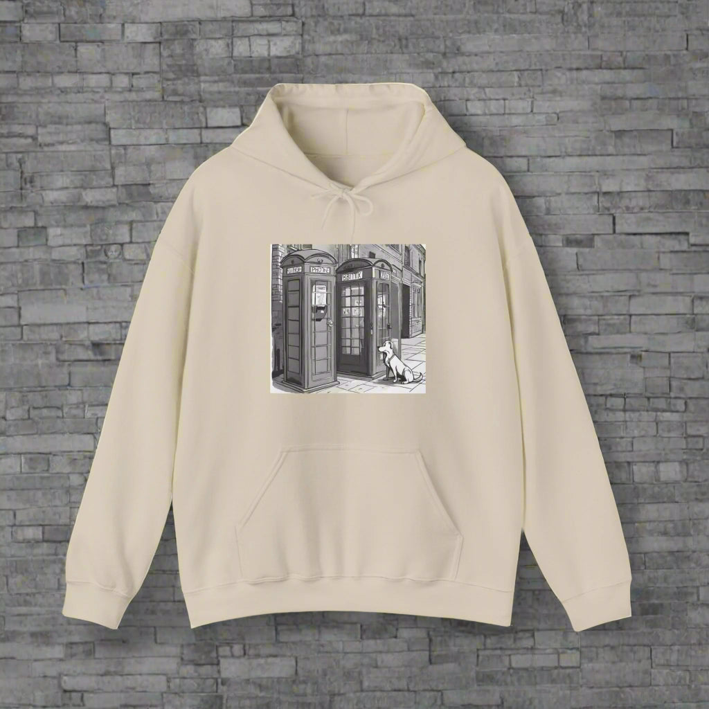 Unisex Heavy Blend™ Dog next to a phone box Hooded Sweatshirt - Sniff Waggle And Walk