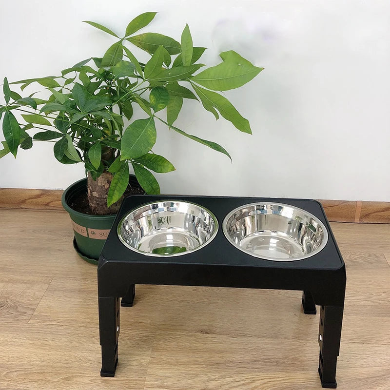 Adjustable height dog feeding stand with non-slip base and bowls