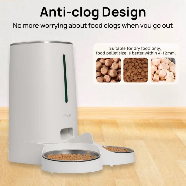 Automatic pet food dispenser with smartphone app control and feeding schedule.