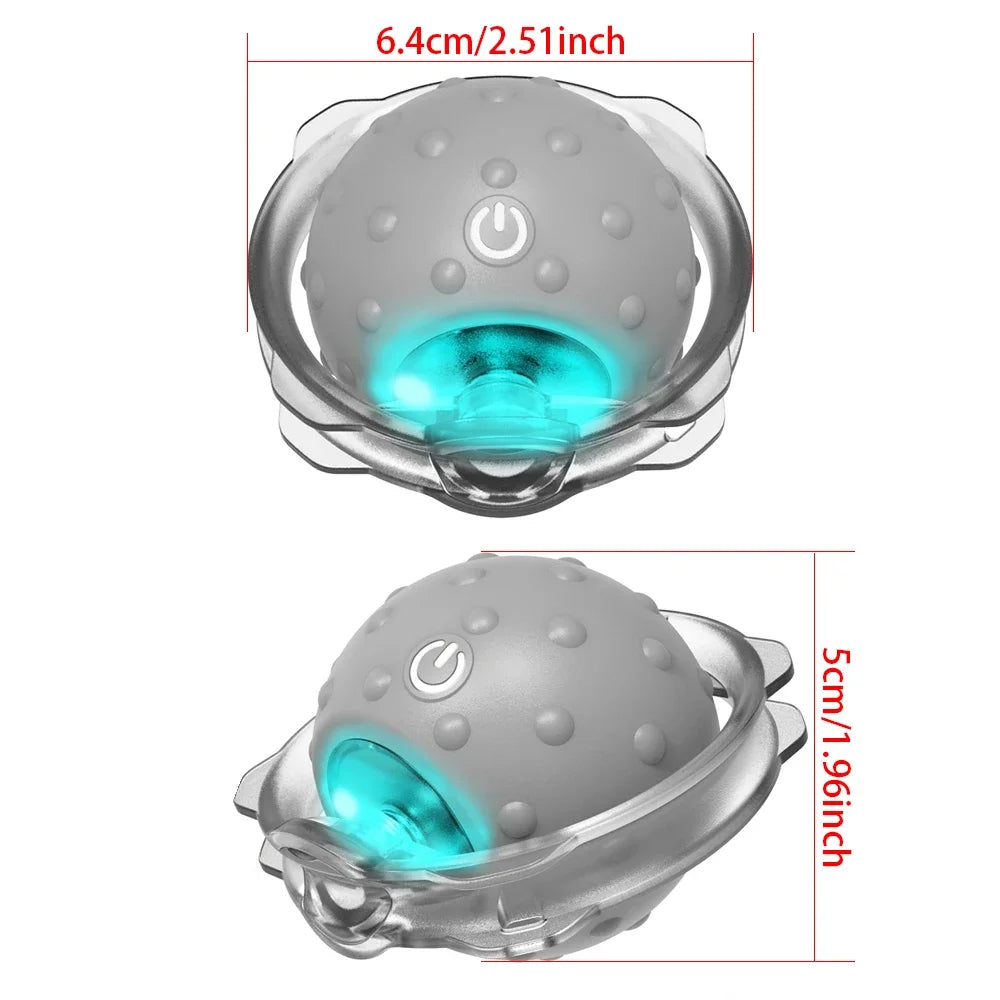 Gray and clear device with blue light, showing dimensions on a white background