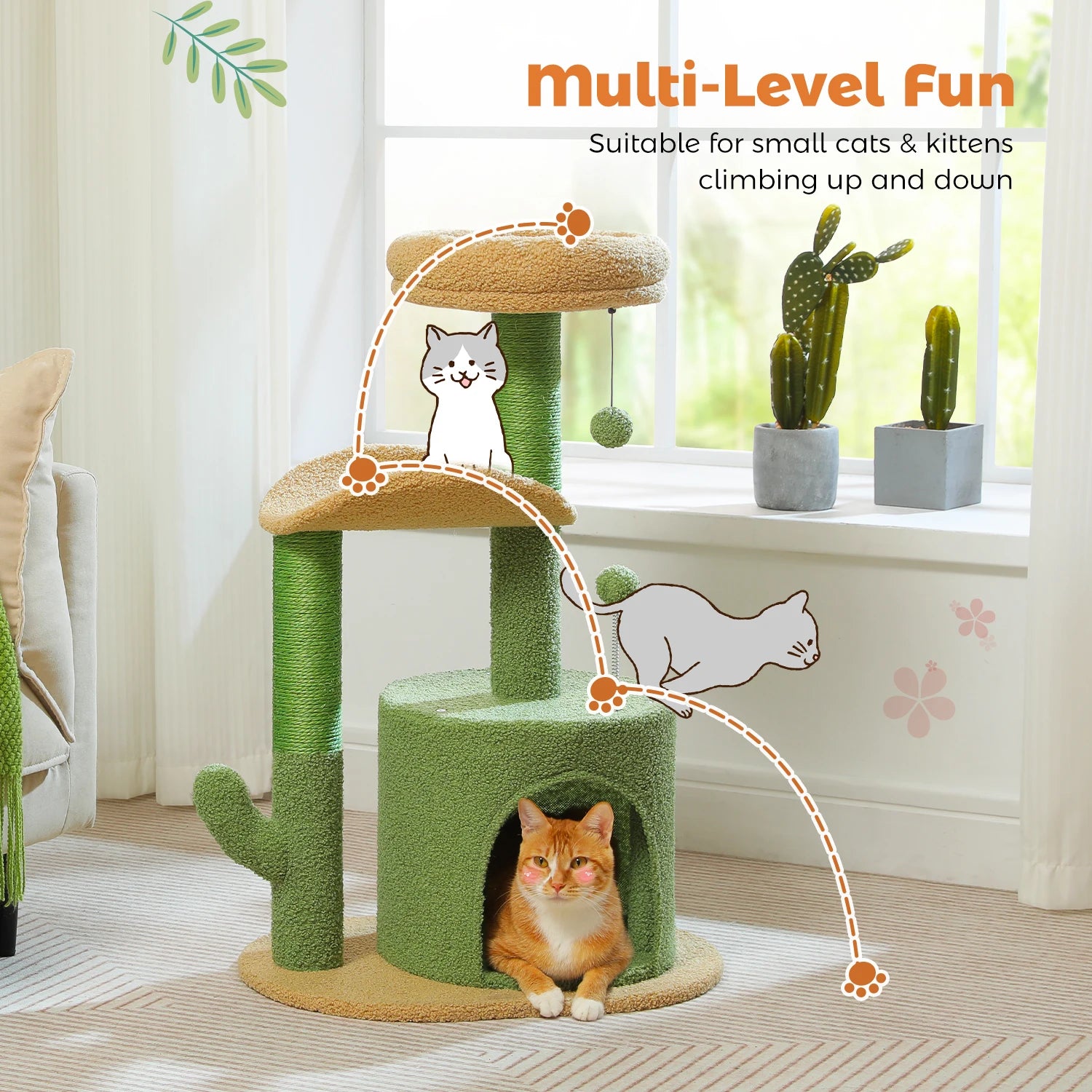 Cat tree with cats on a light-colored floor and window background