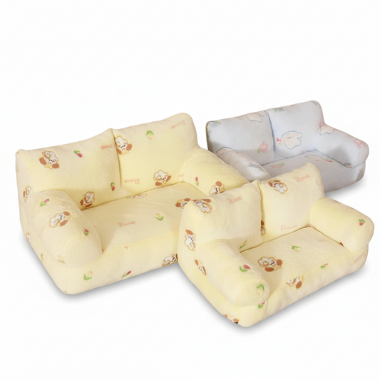 Sofa-style pet bed size chart — M 60x35x20cm and L 70x45x30cm with internal dimensions — SniffWaggleNWalk