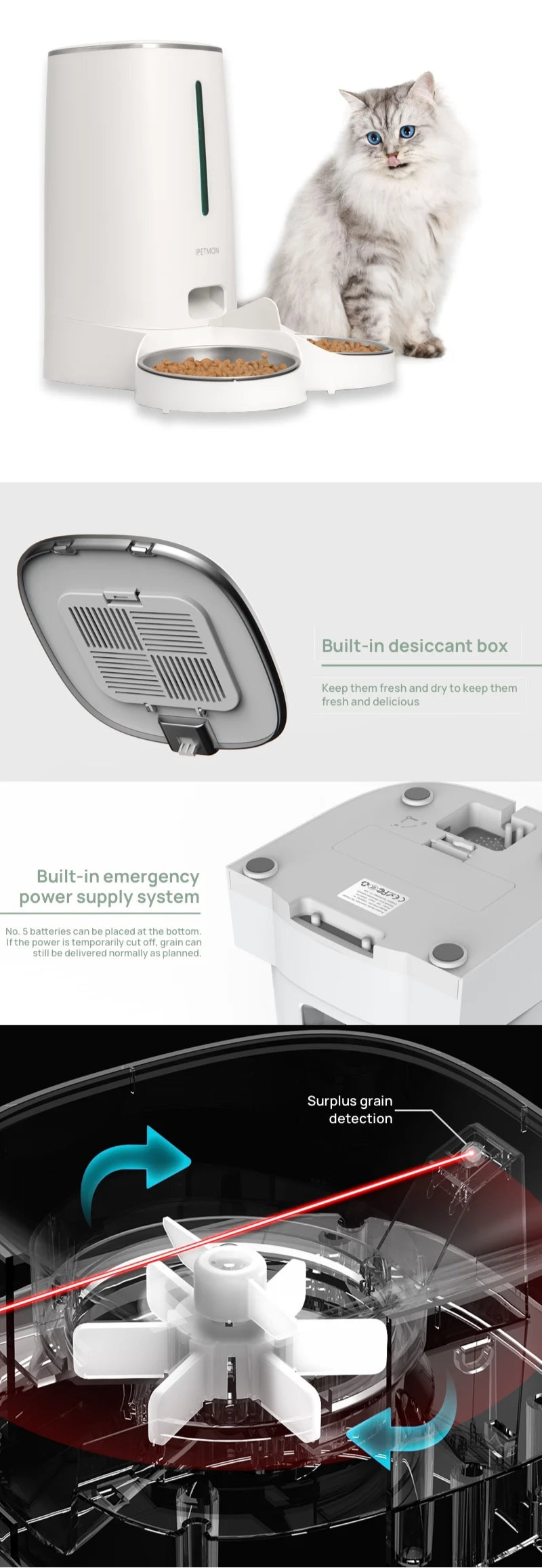 Automatic feeder with Wi-Fi and backup battery to ensure pets never miss a meal.