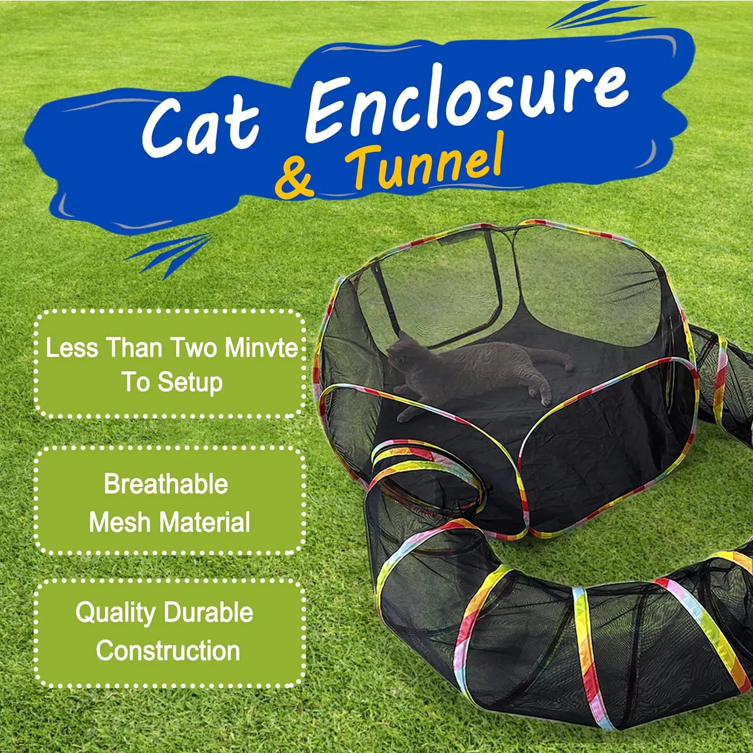 Cat enclosure and tunnel on grass with text highlighting features