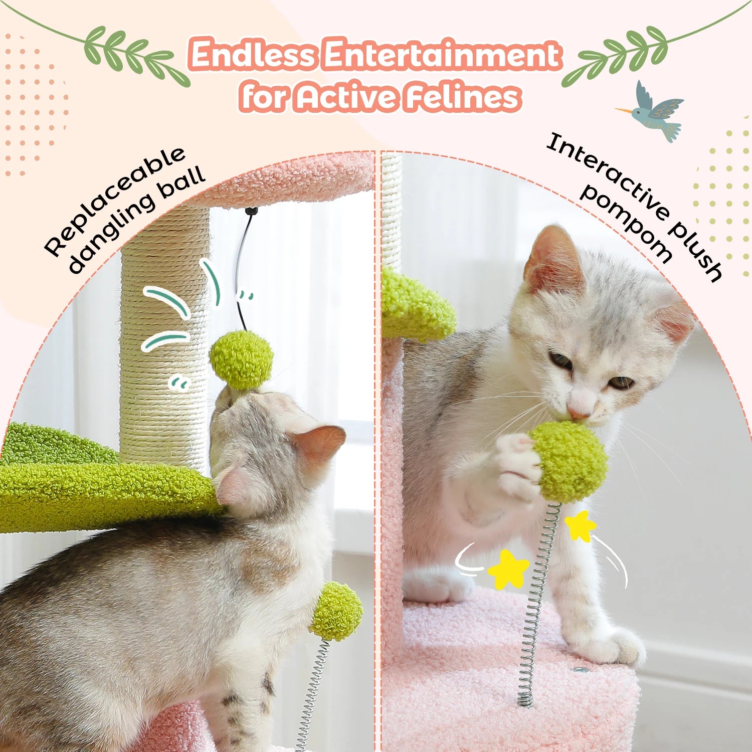 Cat playing with a interactive plush pom-pom toy with text 'Endless Entertainment for Active Felines'.