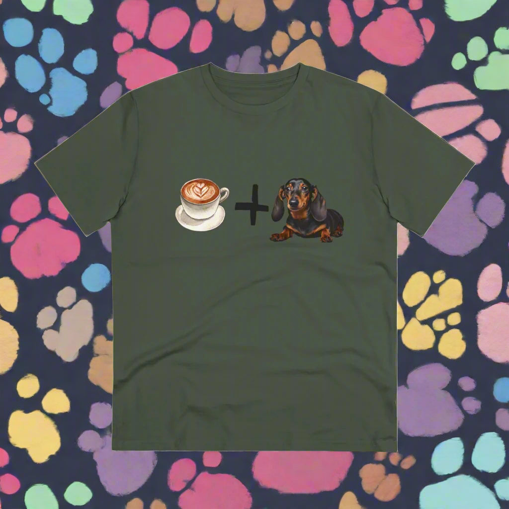 "COFFEE AND DACHSUNDS" Organic T-shirt - Unisex soft Eco Friendly Dachshund T-shirt - Sniff Waggle And Walk