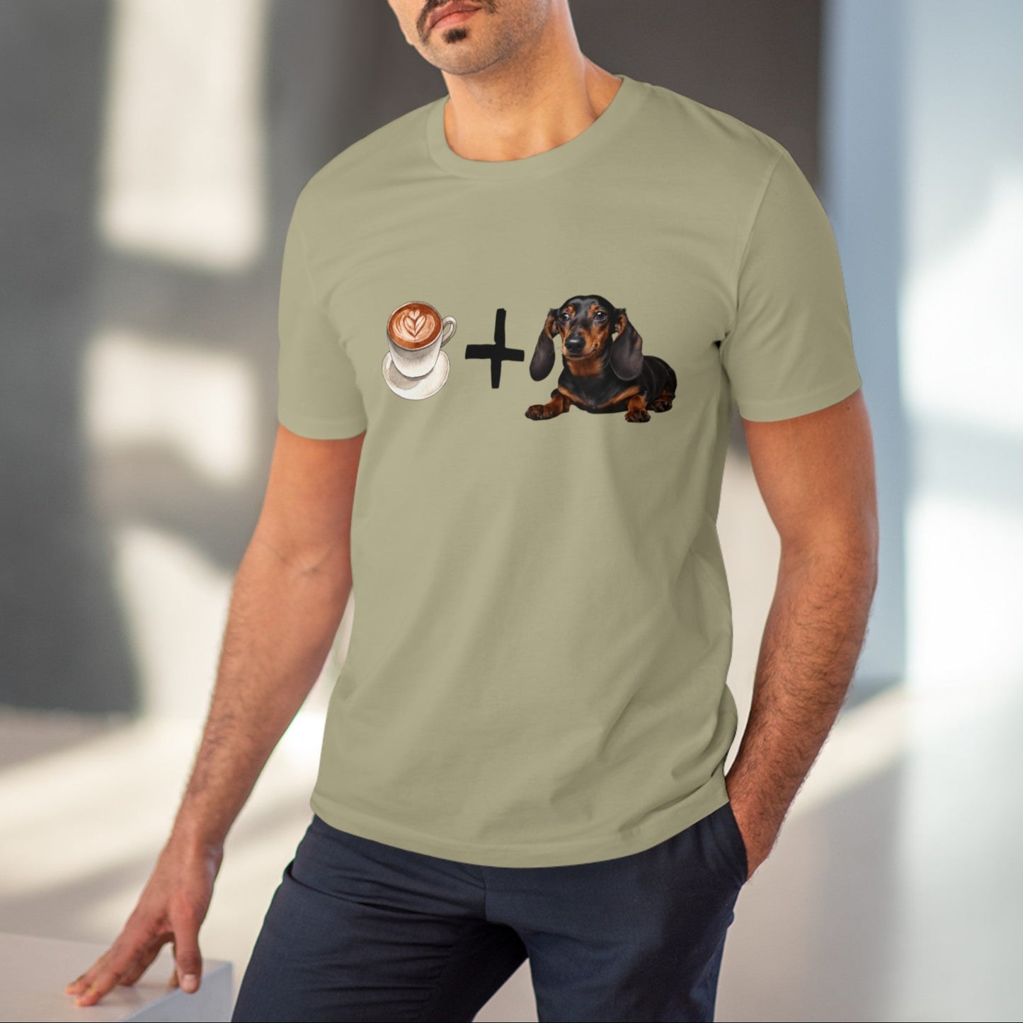 "COFFEE AND DACHSUNDS" Organic T-shirt - Unisex LIGHT GREEN