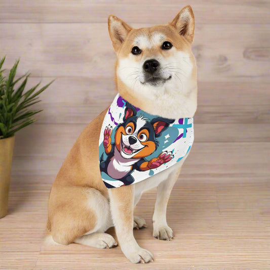 Dog wearing a colorful bandana with a cartoon character on a white background