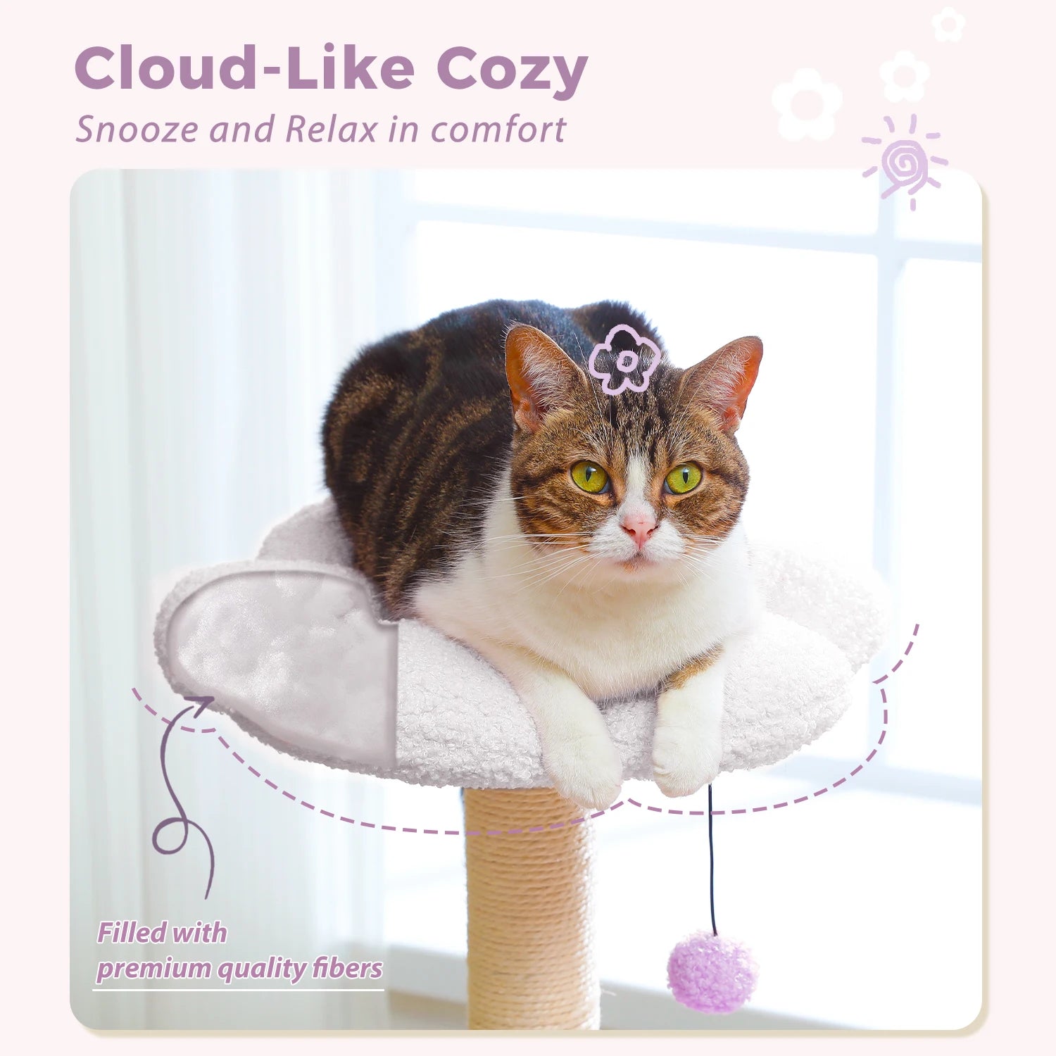 Cat lounging on a cloud-like cozy pet bed with text 'Cloud-Like Cozy' and 'Snooze and Relax in comfort'.