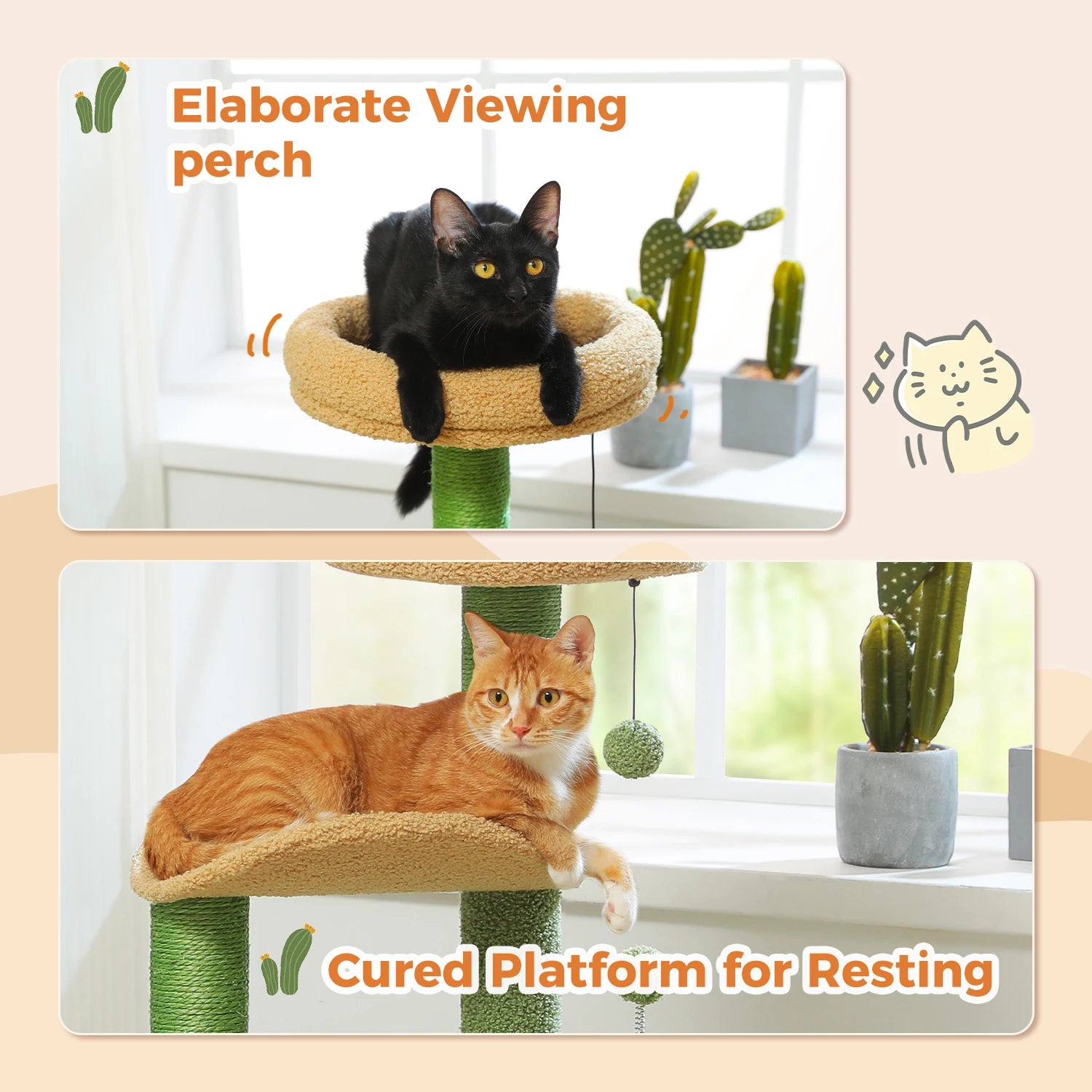 Two cats on a cat tree with text describing it as an 'Elaborate Viewing perch' and 'Cured Platform for Resting'.