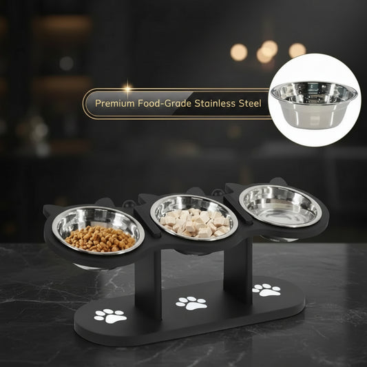 Pet feeding station with four bowls on a black stand, child and cat in the background.