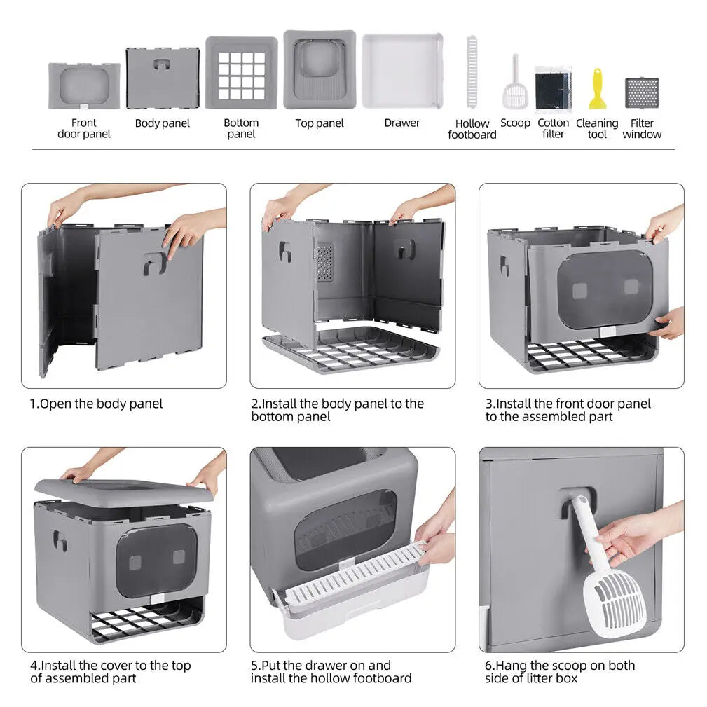 Step-by-step assembly instructions for a pet litter box with various components shown.