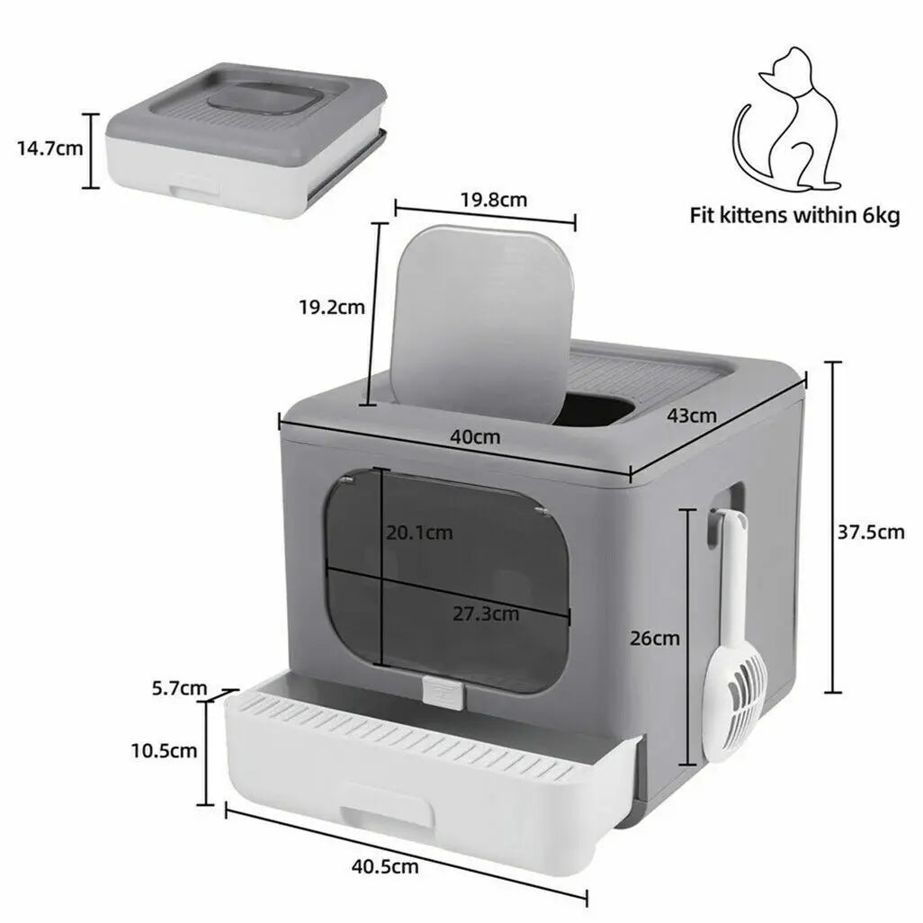 Enclosed litter box featuring a sliding drawer and filter for fresher air.