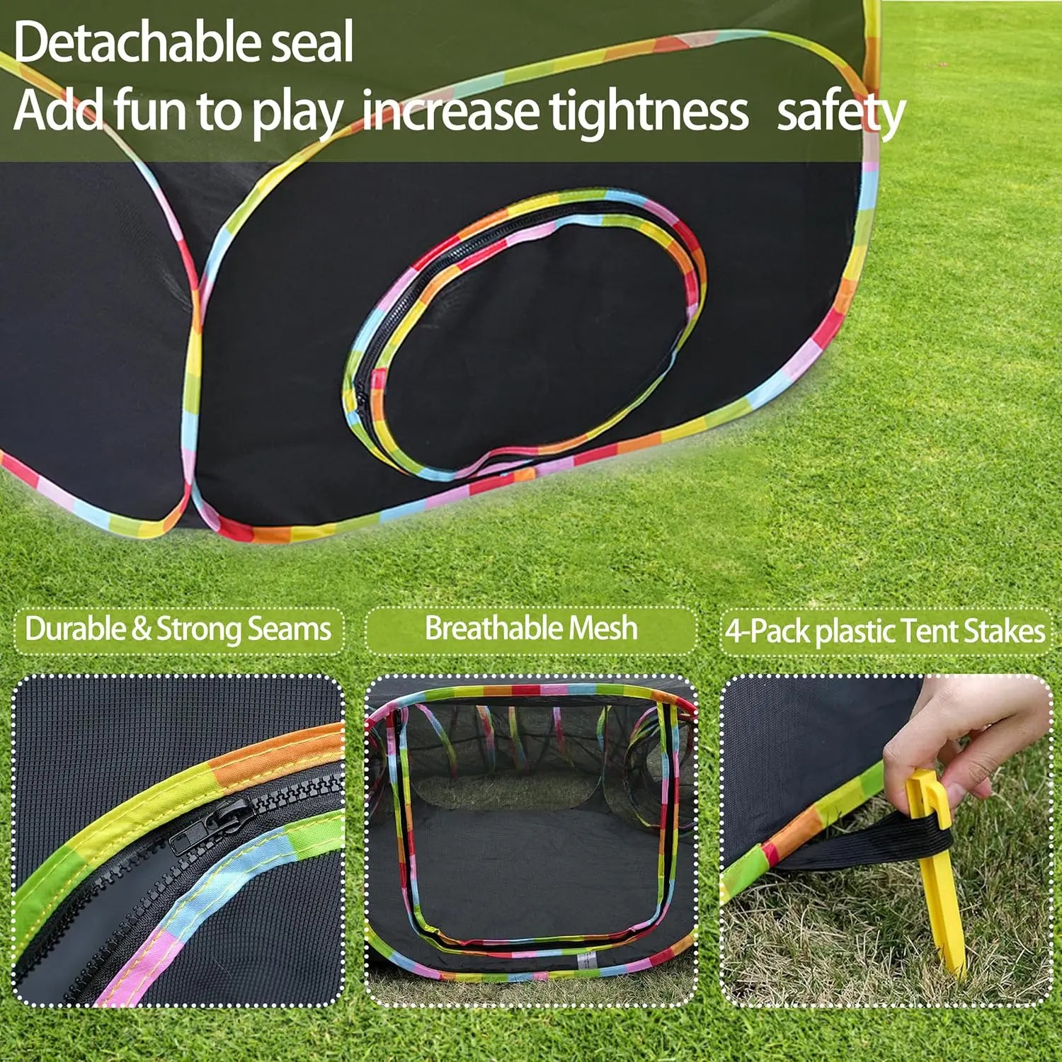 Collapsible playpen with colorful zipper on grass, featuring text about features and accessories.