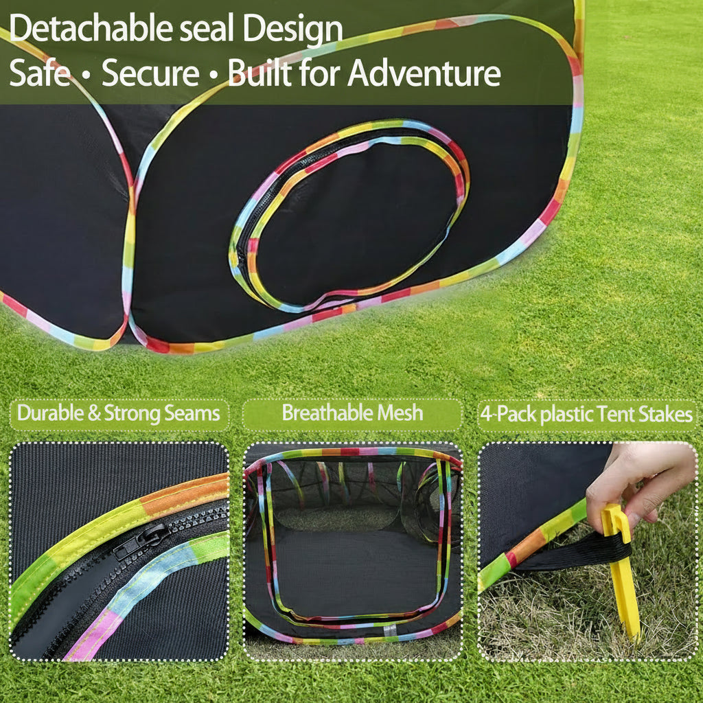 Collapsible playpen with colorful zipper on grass, featuring text about features and accessories.