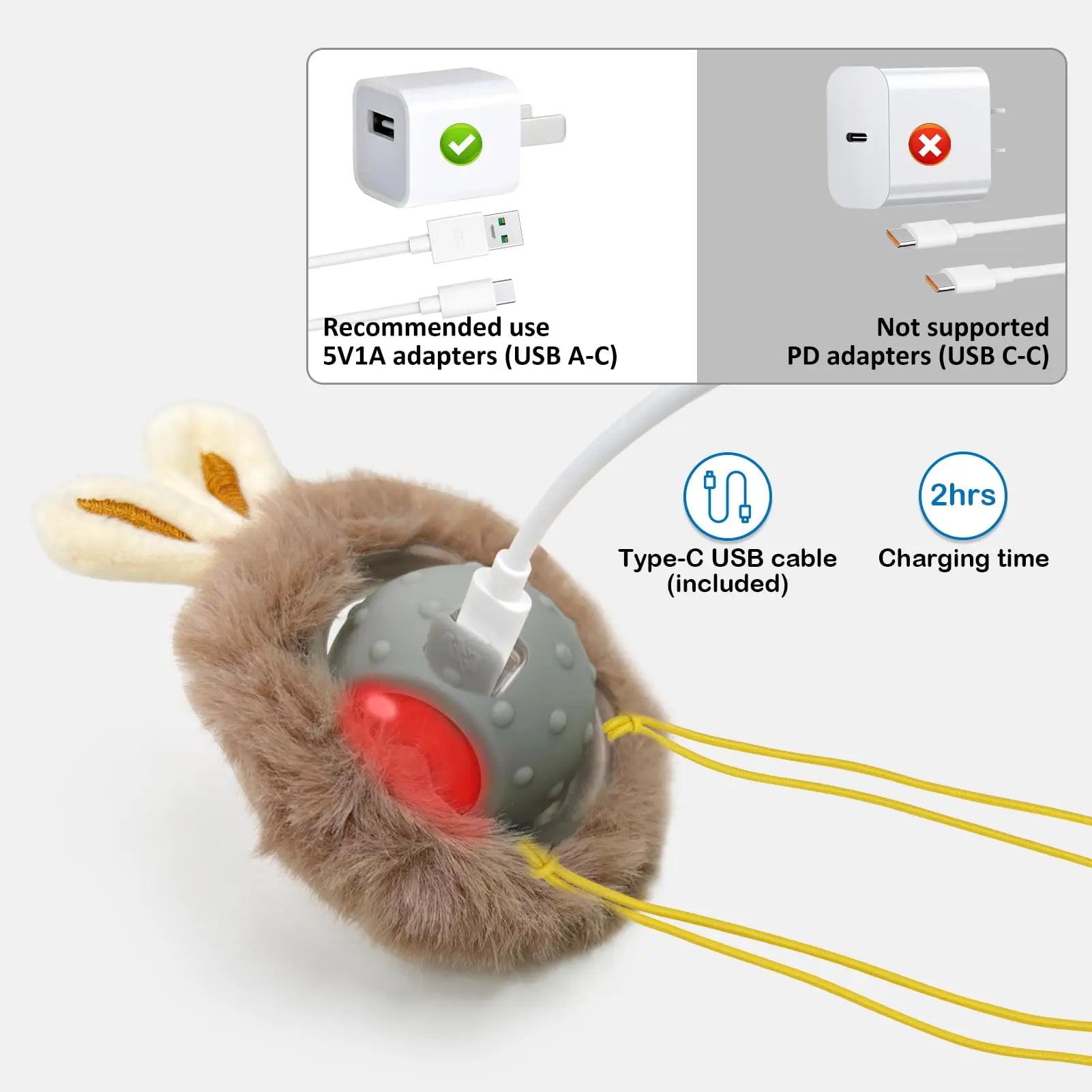 Plush cat toy with charging cable and adapter information on a white background