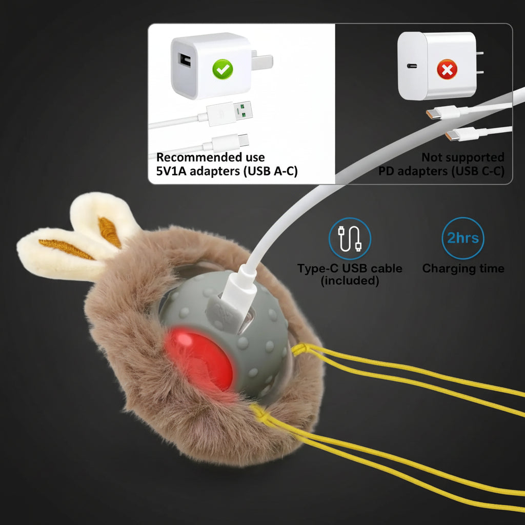 Plush cat toy with charging cable and adapter information on a white background