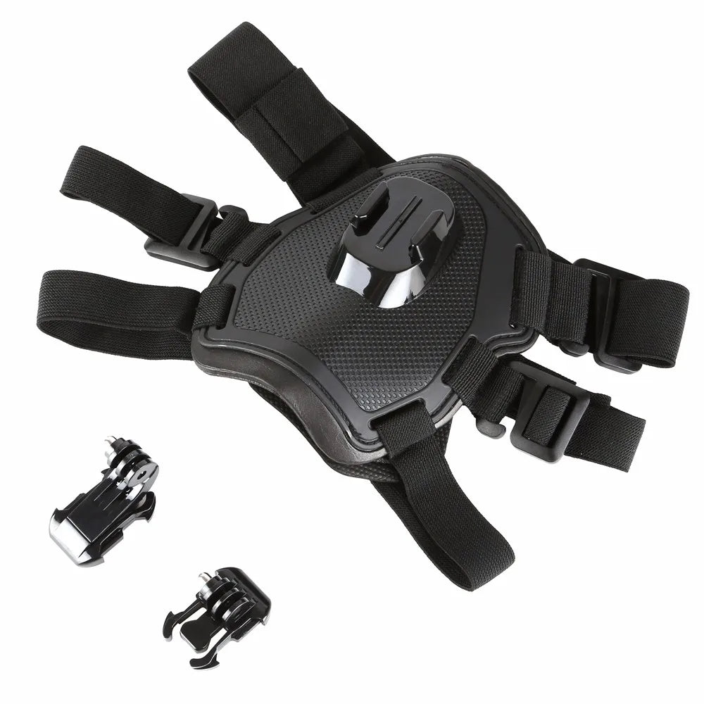 Black chest dog harness with straps and mounting brackets on a white background for go pro